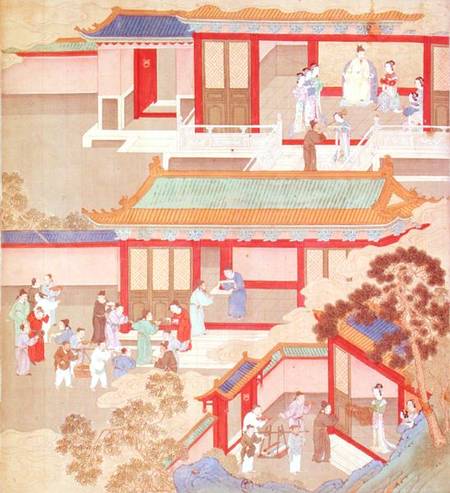 Emperor Hsuan Tsung (712-756 AD) at home, from a history of Chinese emperors à Ecole chinoise