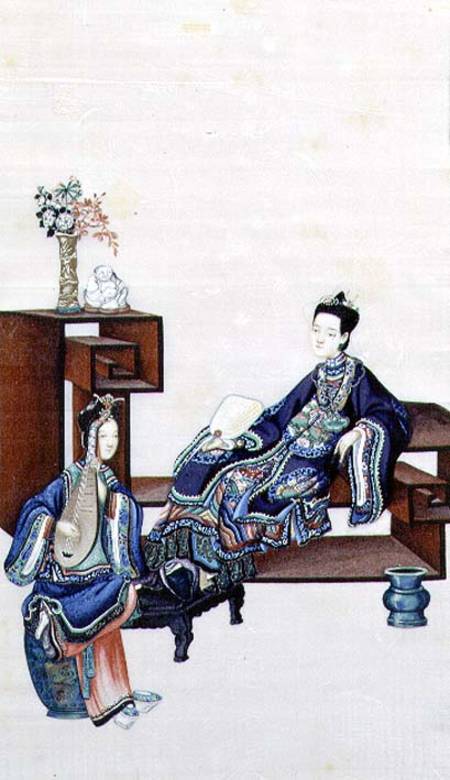Lady Reclining with a Servant Playing a Musical Instrument à Ecole chinoise