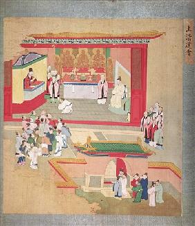 Emperor Hui Tsung (r.1100-26) practising with the Buddhist sect Tao-See, from a History of the Emper