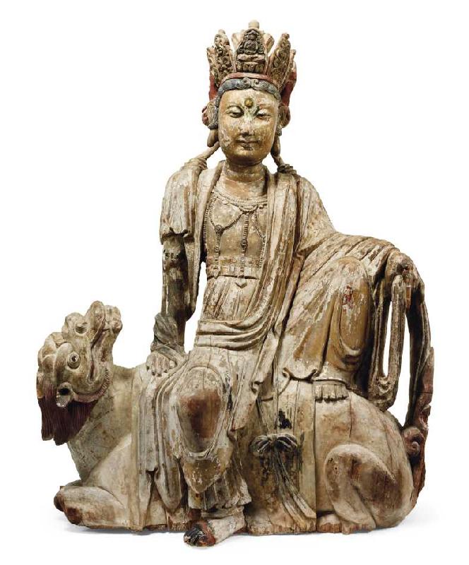 Chinesische Holzfigur von Manjusri, Bodhisattwa der Weisheit, Yuan/Ming Dynastie (1279-1644), auf ei à Chinesisch