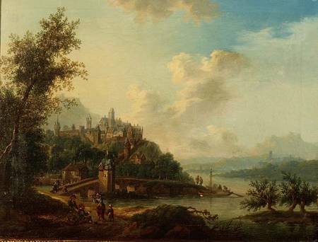 A Rhineland View with a Bridge and Figures in the foreground and a Fortified Town on a Hill beyond à Christian Georg II Schutz ou Schuz