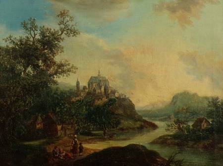 A Rhineland View with Figures in the foreground and a Fortified Town on a Hill Beyond à Christian Georg II Schutz ou Schuz