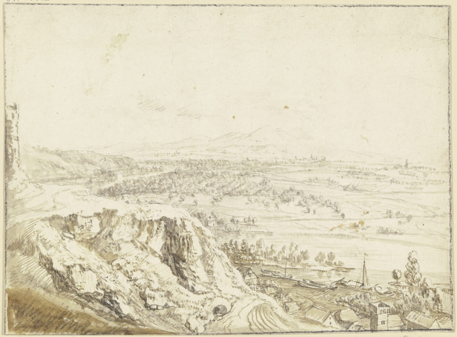 Blick von einer Anhöhe über ein Flusstal auf ferne Berge, im Vordergrund eine Ortschaft, Schleppkähn à Christian Georg Schütz l'Ancien