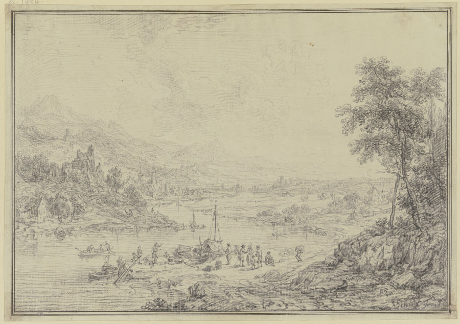 Flussgegend mit einem Städtchen im Tal, Burgen und Schlössern auf den Bergen, vorne am Ufer Schiffe  à Christian Georg Schütz l'Ancien