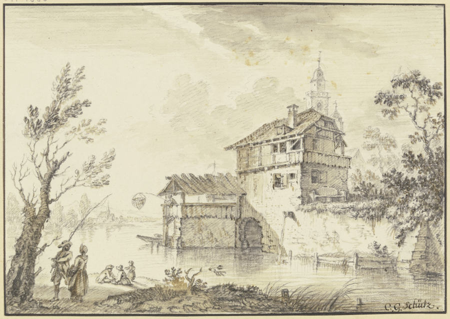 Häuser an einem Wasser, von einem Vorbau aus fischt ein Mann mit einem Netz, links an einem Baum ein à Christian Georg Schütz l'Ancien