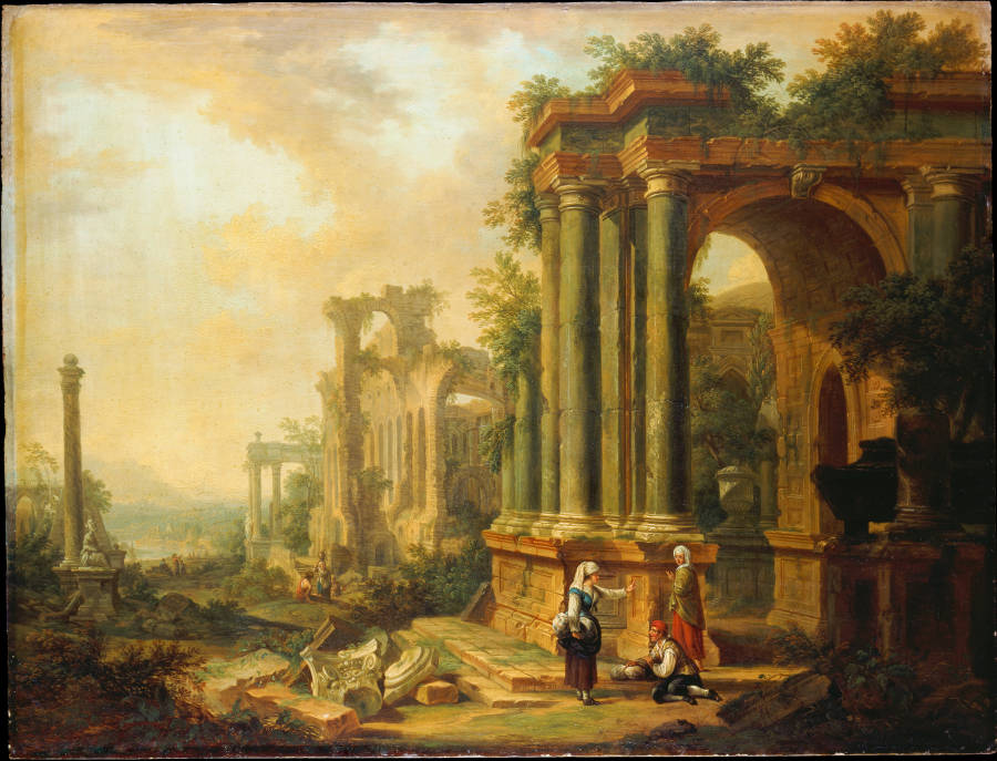 Landscape with Ancient Ruins and a Column à Christian Georg Schütz l'Ancien