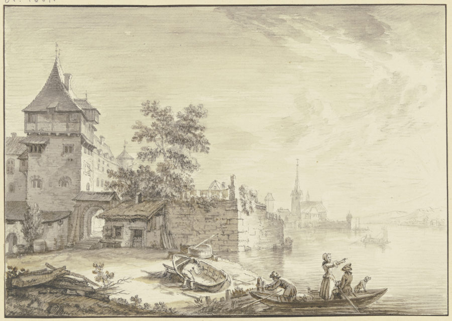 Stadttor bei einem Turm am Wasser (Oestrich), vorne ein Kahn mit drei Personen und einem Hund à Christian Georg Schütz l'Ancien