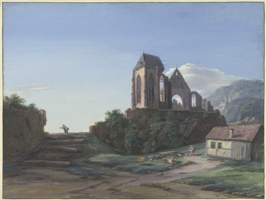 Eine gotische Kirchenruine, im Hintergrund eine Burg, vorne bei einer Hütte Schafe, eine Ziege und e à Christian Georg Schutz