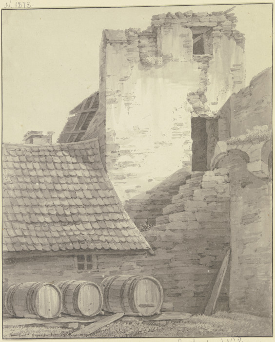 Haus an einer Stadtmauer mit Turm und Treppe, im Vordergrund drei liegende Fässer à Christian Georg Schutz