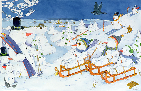 Snowmen Tobogganing, 1997 (w/c on paper)  à Christian  Kaempf