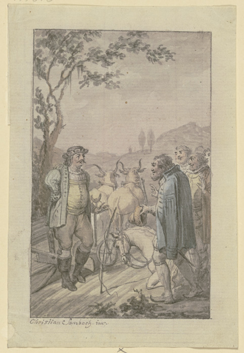 Einem pflügenden Mann mit einem Ochsengespann nähert sich eine Gruppe von barhäuptigen Männern, bei  à Christian Sambach