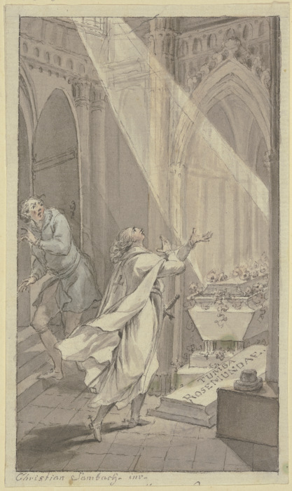 Zwei Männer in einer mittelalterlichen Gruft an einem Sarg à Christian Sambach