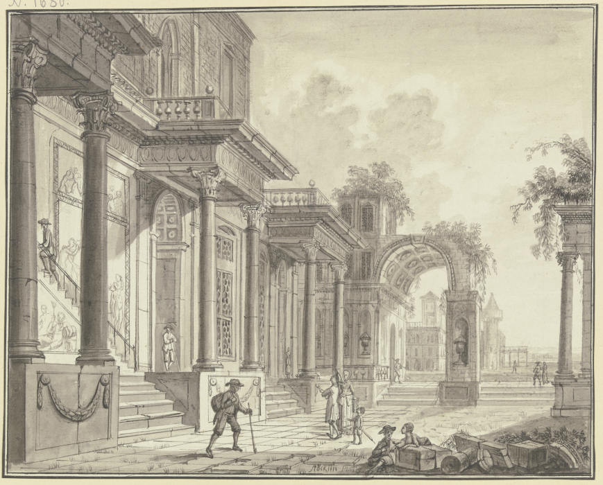 Antiker Palast mit Arkade und Durchblick auf Architektur und Landschaft, im Vordergrund Staffagefigu à Christian Stocklin