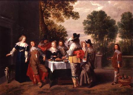 Elegant Company seated at a Table in a Formal Garden à Christoffel Jacobsz van der Lamen