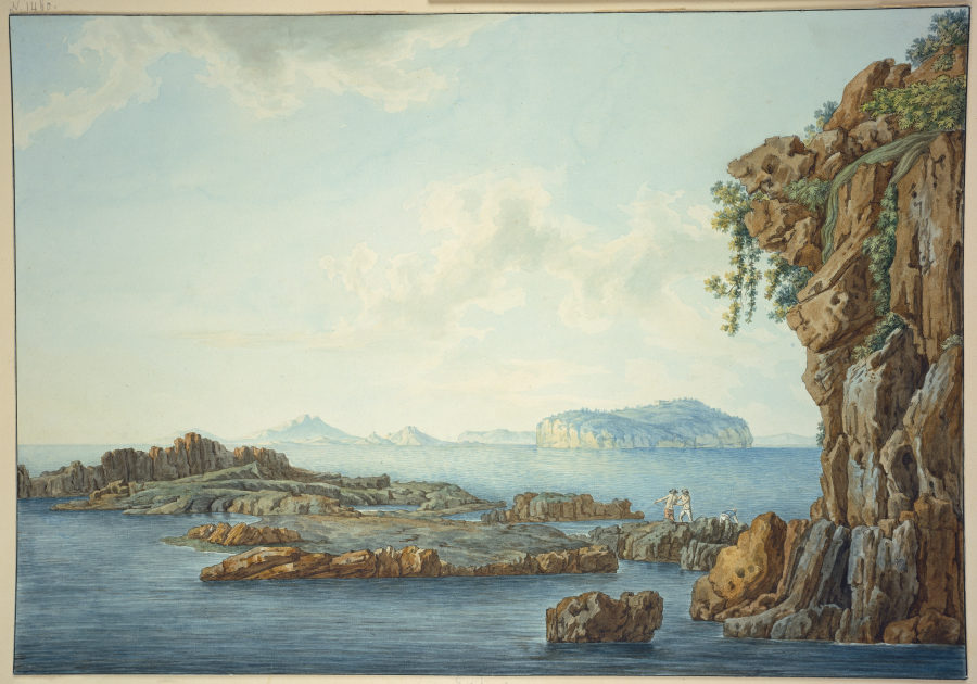 Sizilien, Felsufer am Meer, im Vordergrund drei Fischer, im Hintergrund Inseln à Christoph Heinrich Kniep