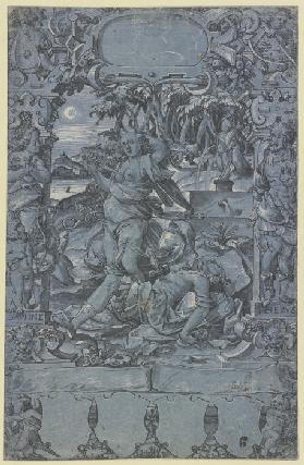 Thisbe an der Leiche des Pyramus, in der Rahmung links Daphne mit dem Amorknaben, rechts Apollo, vom