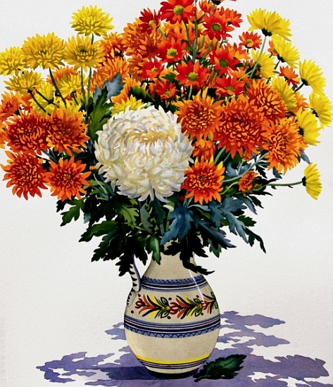 Chrysanthemums in a patterned jug à Christopher  Ryland