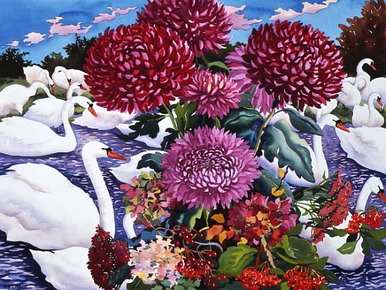 Swans and Chrysanthemums à Christopher  Ryland
