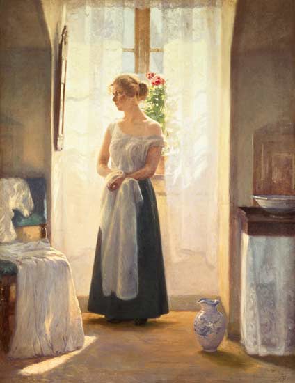 Interior with a Girl standing in front of a Mirror à Cilius Anderson