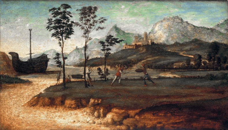 Coastal Landscape with two men fighting à Giovanni Battista Cima da Conegliano