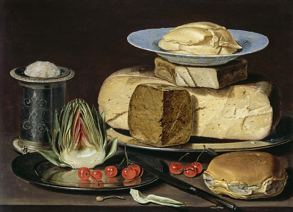 Still Life with Cheeses, Artichoke, and Cherries à Clara Peeters