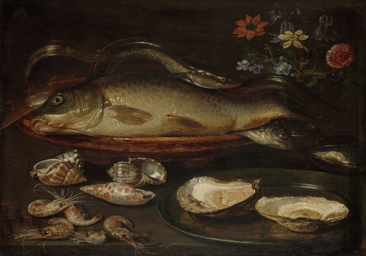 Still life with fish, oysters and shrimps à Clara Peeters