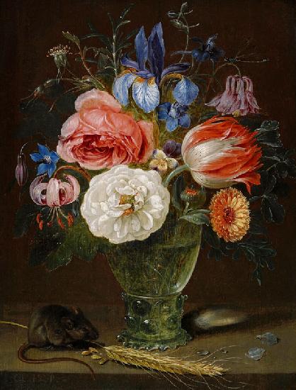 Still Life with flowers in a roemer and a field mouse