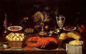 nature morte avec des fruits, homards et fromages