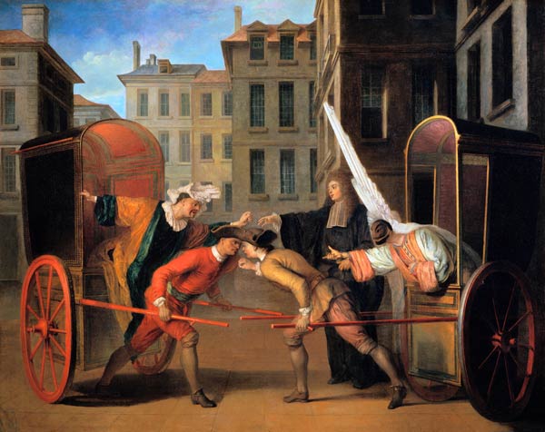 The Two Coaches, a scene added to the comedy 'The Fair at Saint-Germain' by Jean-Francois Regnard (1 à Claude Gillot