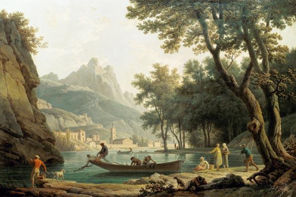 Pêcheurs au bord du lac devant un monastère