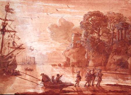 The Disembarkation of Warriors in a Port, possibly Aeneas in Latium à Claude Lorrain