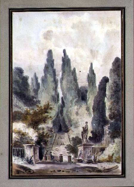 The Gardens of the Villa d'Este at Tivoli (w/c over black chalk on paper) à Claude Louis Chatelet