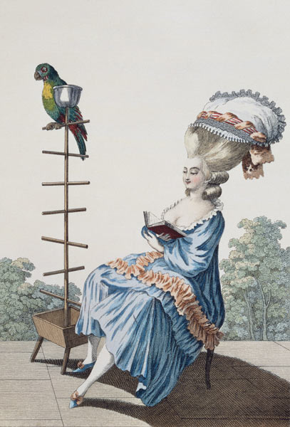 Young woman reading in a day dress with an elaborate hairstyle and bonnet, plate 20 from 'Galerie de à Claude Louis Desrais