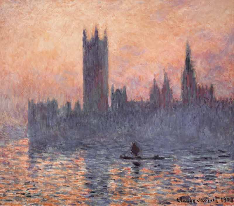 Le parlement à Londres avec un coucher de soleil à Claude Monet