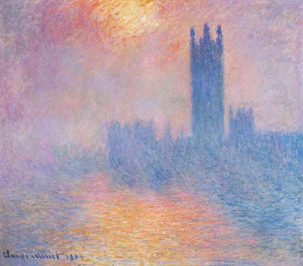 Le parlement de Londres, soleil perçant sous le brouillard à Claude Monet