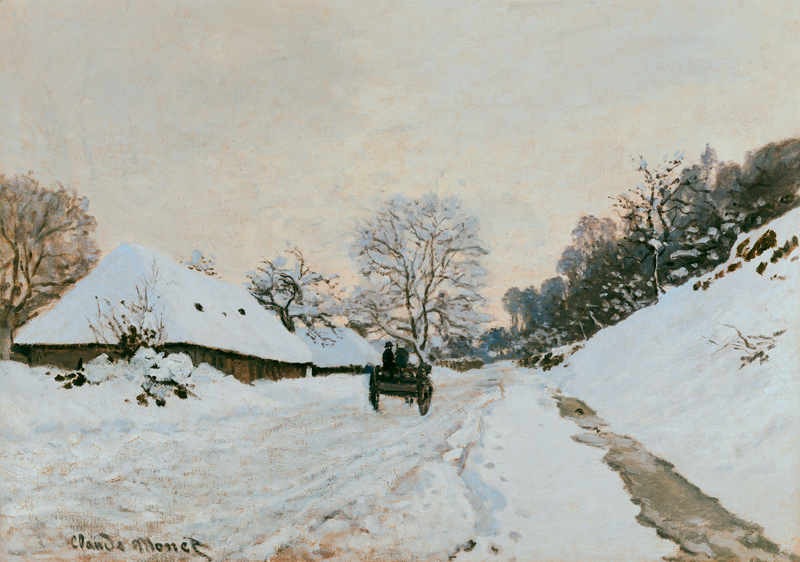 Voitures sur route enneigée à Honfleur à Claude Monet