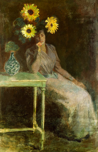 Femme étant assise à côté d'un vase avec des tournesols à Claude Monet