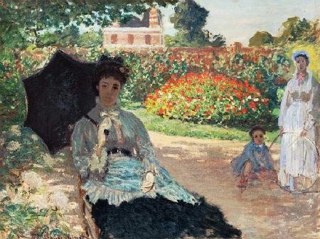 Camille Monet avec le fils et la fille dans le jardin