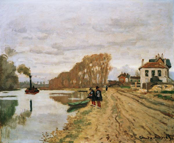 Deux Voltigeure avec le passage à une rive de fleuve à Claude Monet
