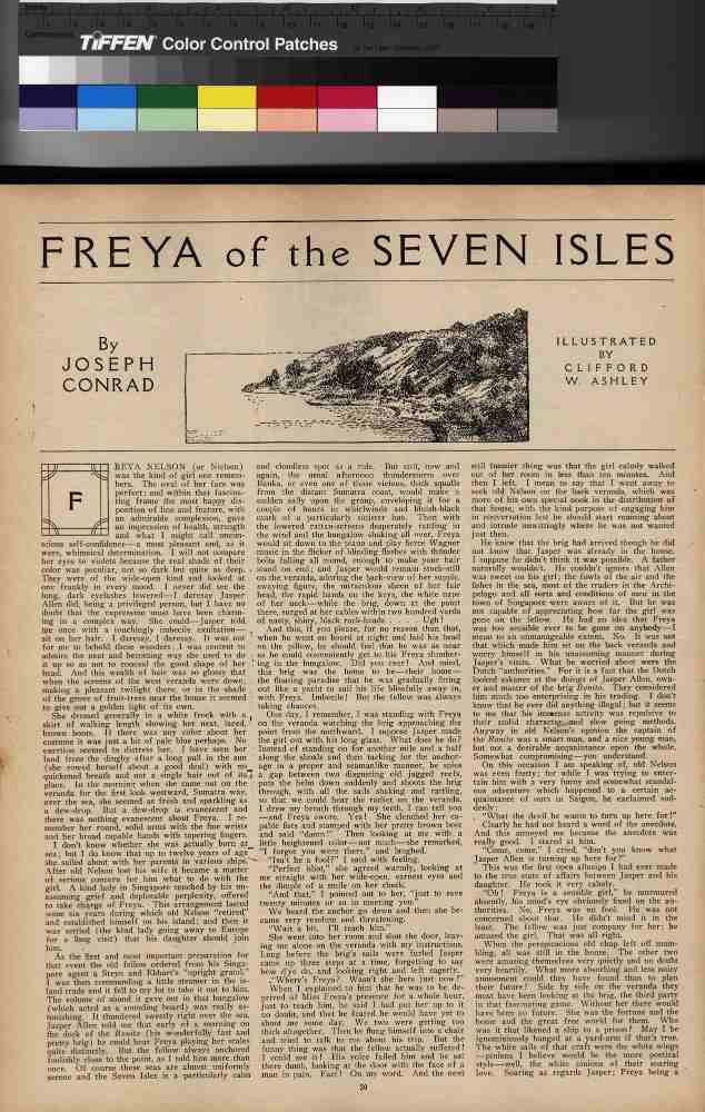 Twixt Land and Sea, Vol.35 page 20, illustration for Metropolitan Magazines Freya of the Seven Isles à Clifford Warren Ashley