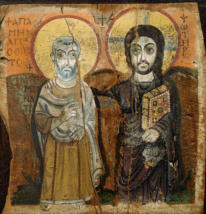 Icon depicting Abbott Mena with Christ, from Baouit à Copte