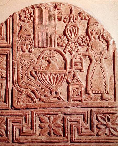 Stela depicting the bathing of the infant Jesus à Copte