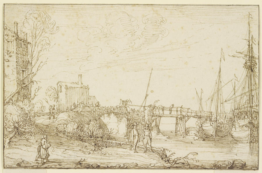 Zwei Schiffe liegen bei einer Brücke, links auf dem Wege mehrere Figuren à Cornelis Claesz. van Wieringen