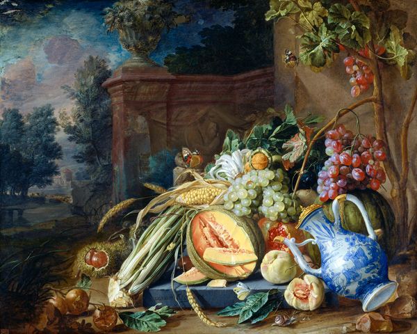 Still Life with Vegetables and Fruit before a Garden Balustrade à Cornelis de Heem