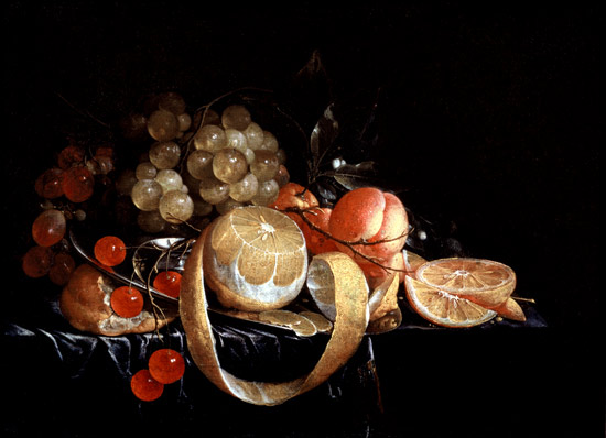 A Still Life with a lemon, grapes, cherries and apricots on a pewter plate à Cornelis de Heem