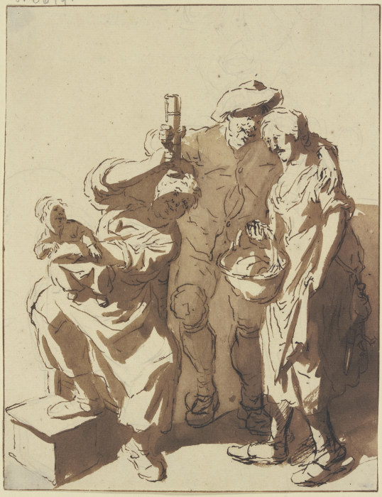 Bauer mit einem Glas zwischen zwei Frauen, die eine mit einem Kind, die andere mit einem Korb à Cornelis Dusart