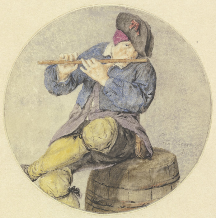 Flötenspieler auf einem Fass sitzend à Cornelis Dusart