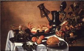 Still life of fruit with crab, overturned roehmer on spout of jug