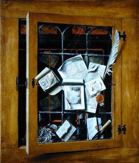 A trompe l'oeil of an open glazed cupboard door, with numerous papers and objects à Cornelis Norbertus Gysbrechts
