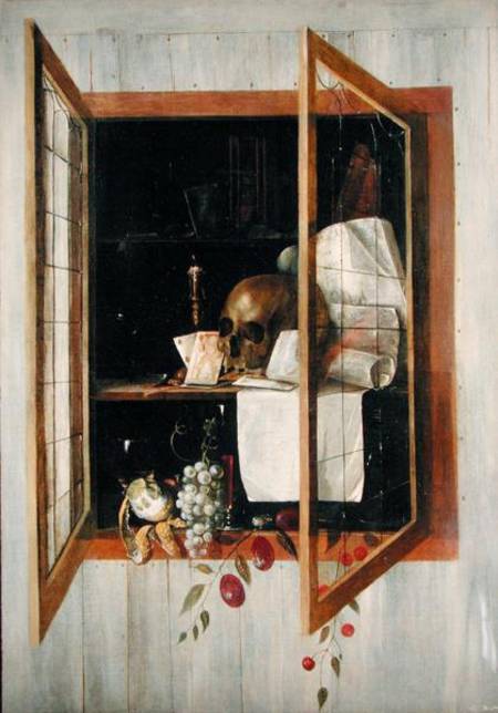 Vanitas still life seen through a trompe l'oeil window à Cornelis Norbertus Gysbrechts